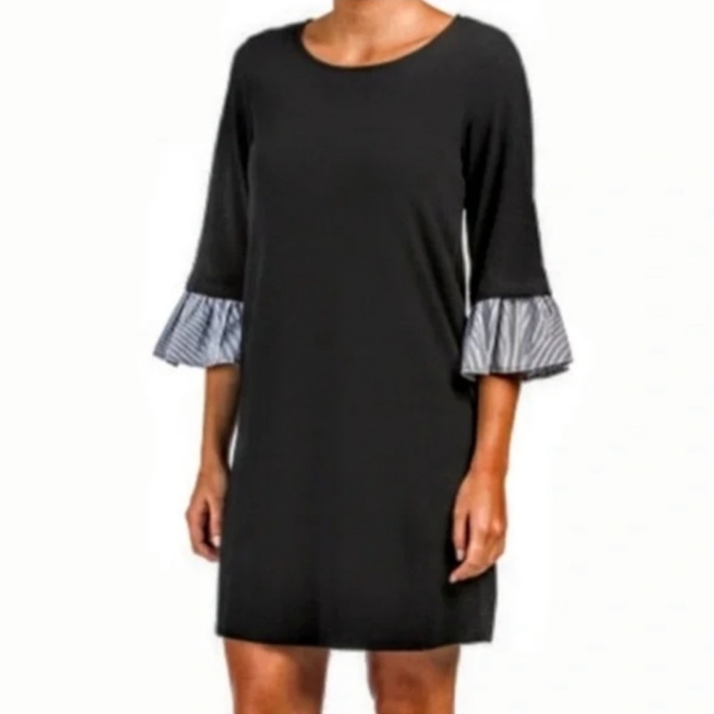 PLEIONE Stretch Knit Knee Length‎ Dress with Bell Sleeves SZ Medium in Bl…